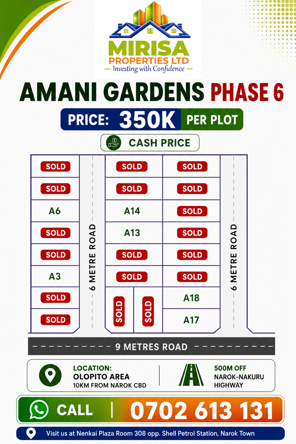 Amani Gardens Phase 6 site plan – available plots A3 A6 A13 A14 A17 A18 Olopito Narok